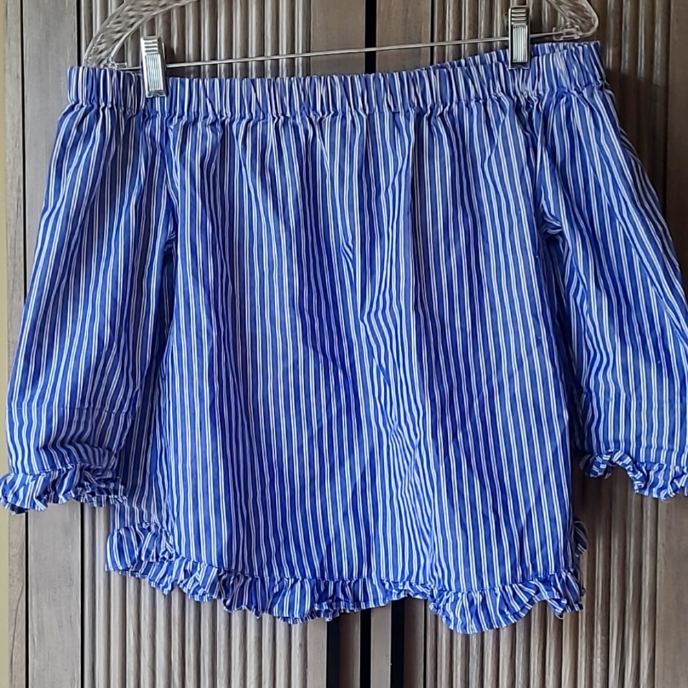 Velvet Heart Off Shoulder Blue White Striped Blouse Smocked Ruffle Top